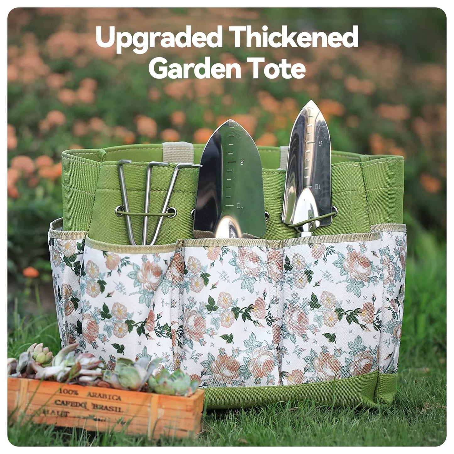 Grenebo Gardening Tools 9-Piece Heavy Duty Garden Hand Tools with Fashion and Durable Garden Tools Organizer Handbag, Rust-Proof Garden Tool Set, Ideal Gardening Gifts for Women