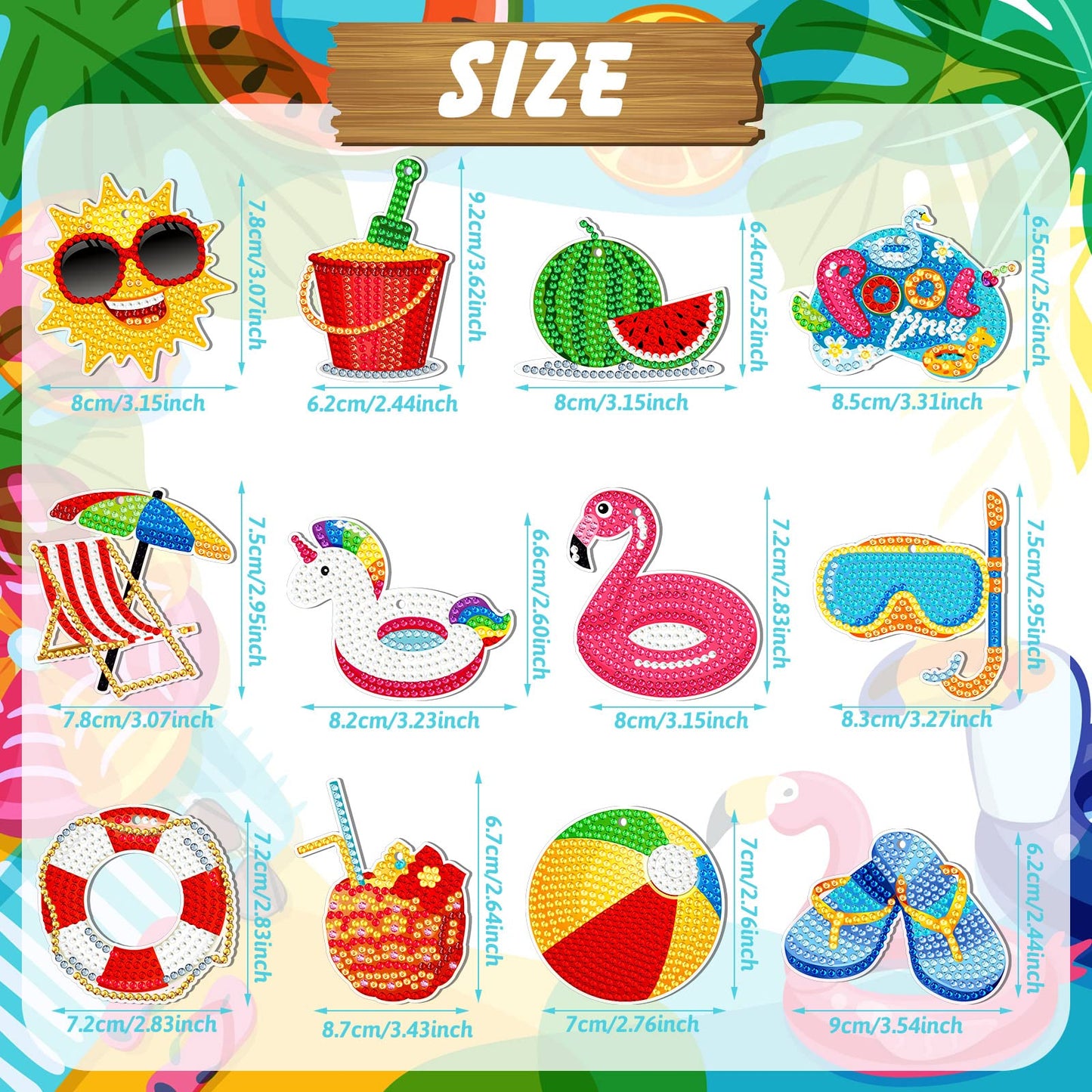 12 Pieces Summer Diamond Painting Keychain 5D DIY Diamond Painting Kit Summer Hanging Diamond Art Kits Diamond Art Summer Ornaments for Kids Summer Crafts Family Decor (Summer Style)