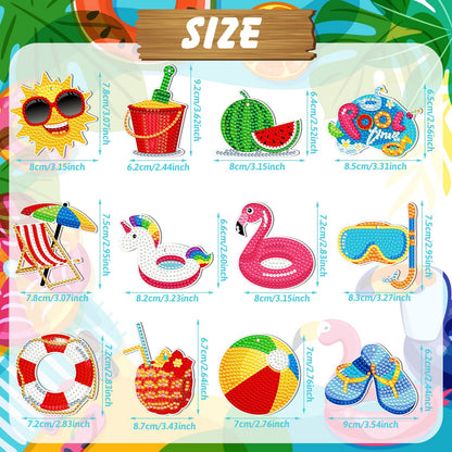 12 Pieces Summer Diamond Painting Keychain 5D DIY Diamond Painting Kit Summer Hanging Diamond Art Kits Diamond Art Summer Ornaments for Kids Summer Crafts Family Decor (Summer Style)