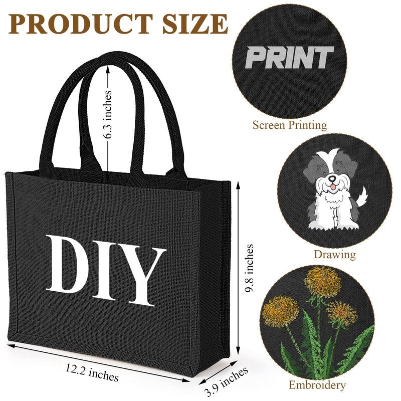 Reginary 12 Packs Black Burlap Tote Bags Jute Tote Wedding Bridesmaid Welcome Grocery Burlap Gift Bags with Handles Bulk Blank Shopping Kitchen Reusable for Market Beach DIY, 12.2 x 3.94 x 9.84 Inch