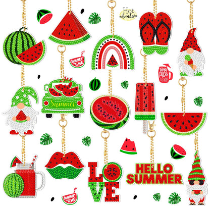 Karenhi 15 Pcs Diamond Art Keychains Summer Watermelon Painting Keychain Kit DIY Single Sided Fruit Gnome Key Ring Spring Diamond Hanging Ornament Gift Accessories for Adult Craft Bag Party Decoration