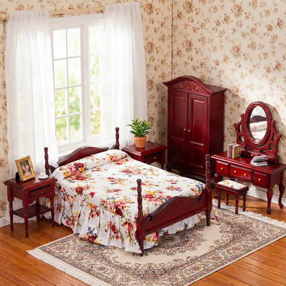 Skylety 6 Pcs Dollhouse Furniture 1: 12 Scale Wooden Victorian Dollhouse Bedroom Furniture Set Include Bed Dressing Table Wardrobe for Adults Toys Miniature Doll House Accessories