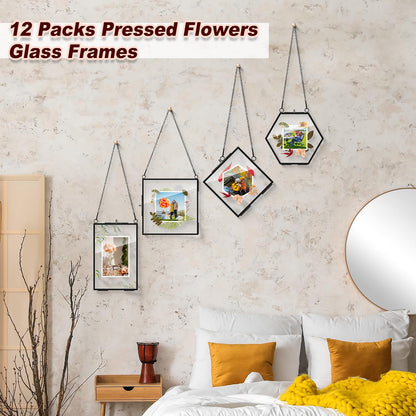 Soaoo 12 Pcs Brass Glass Frame for Pressed Flowers with Chain Clear Double Glass Floating Artwork Display Frame for Wall Decor with Dried Plant Leaf, 6 Shapes (Black)