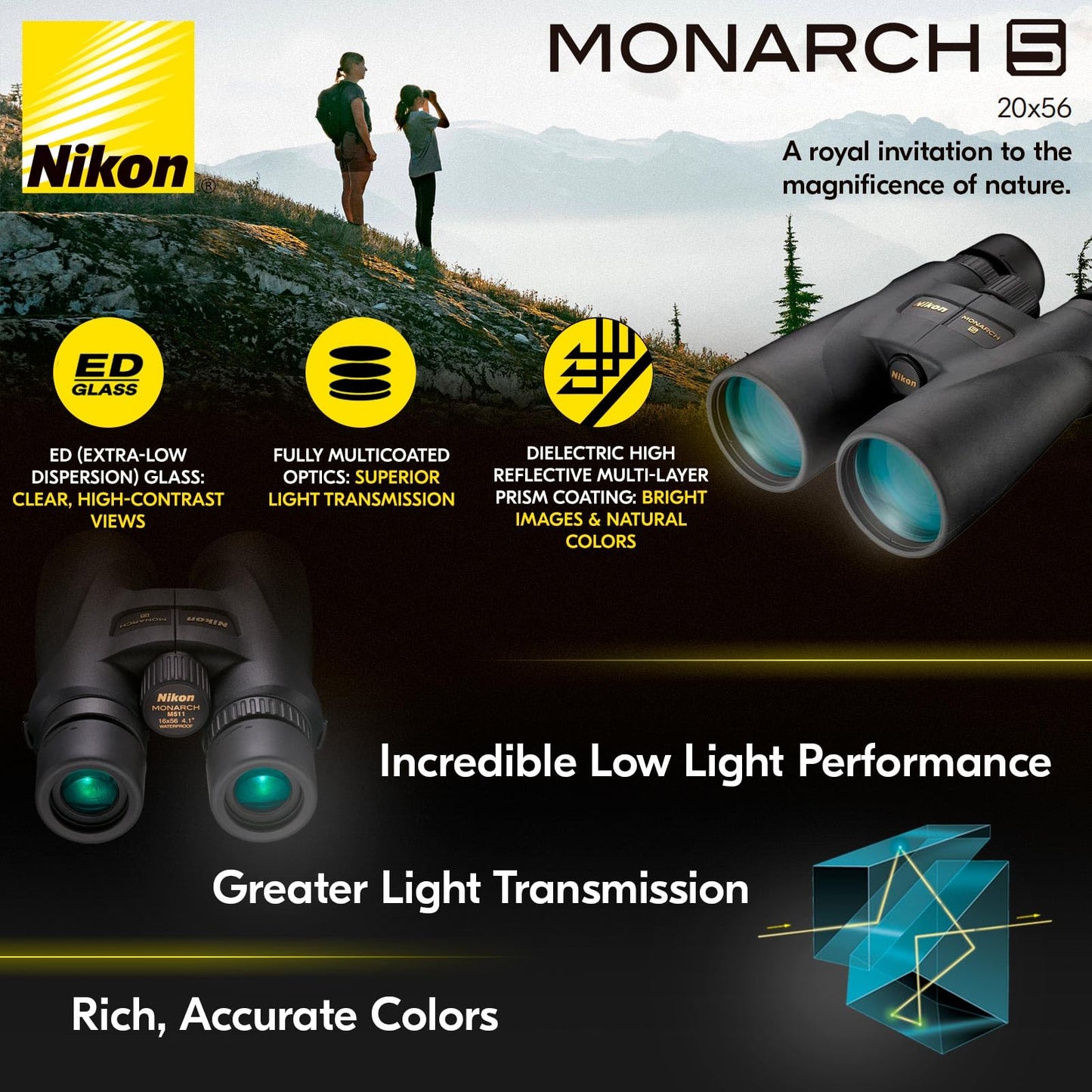 Nikon MONARCH 5 20x56 Binocular - 56mm Objective Lenses, High Light Transmission, Multilayer-Coated Optics - Waterproof Fogproof Shock-Resistant Tripod Adaptable Outdoor Hiking Hunting Binoculars
