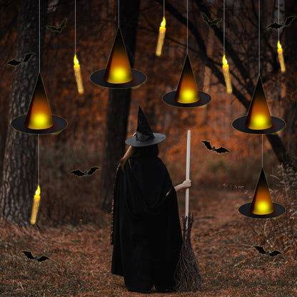 Fayoo Floating Candles with Wand, 12PCs Magic Hanging Candles, Floating Light Up Witch Hats with Flameless Candle with Wand Remote, Witch Hat 3D Bats Wall Stickers Decorations for Halloween Party