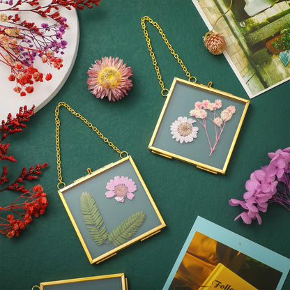 DoubleFill 12 Pcs Hanging Clear Photo Frame Double Glass for Pressed Flower Floating Frame with Chain Display Gallery Artwork Horizontal Vertical Gold Metal Rectangle Wall Decor(3 x 3 Inch)