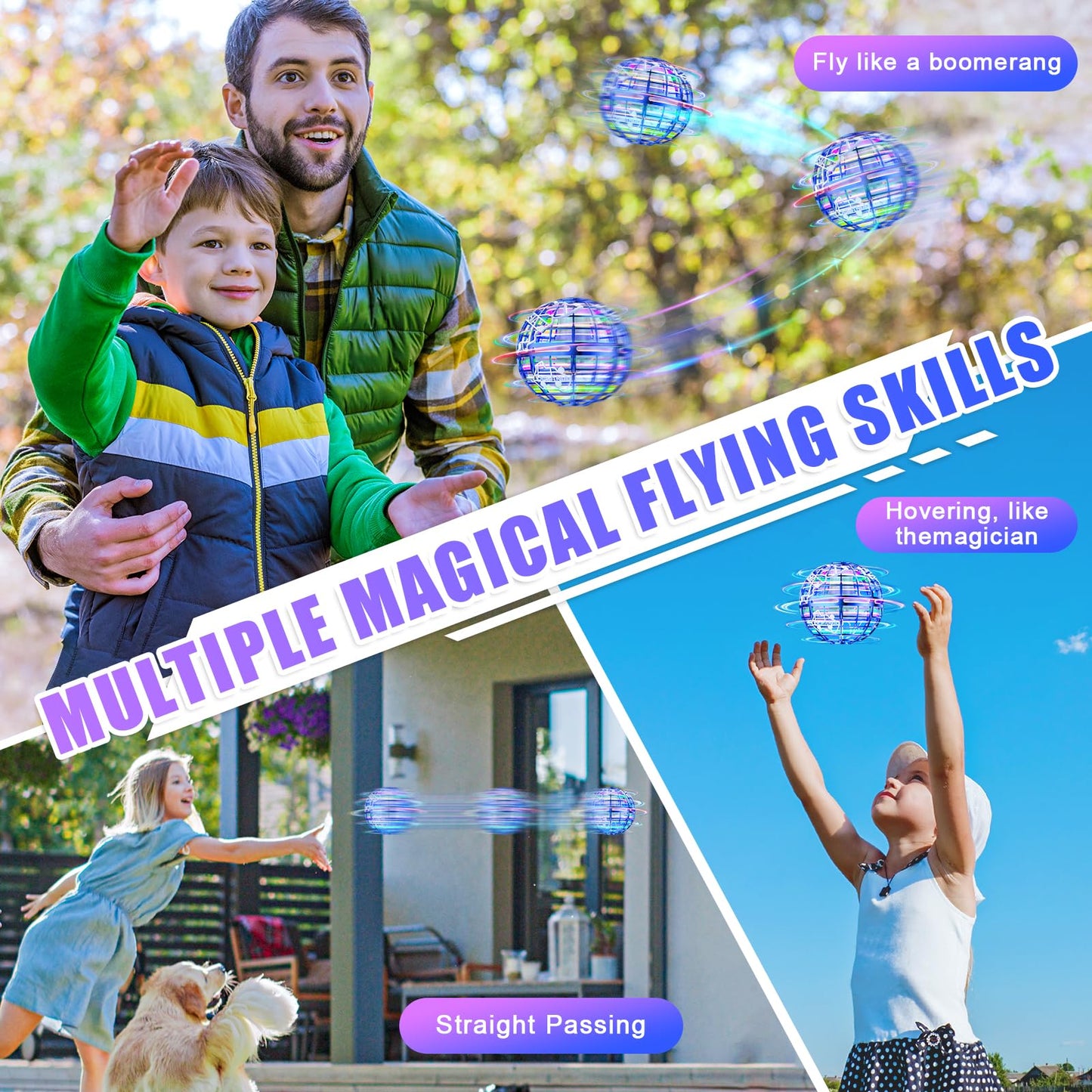 RIEYON Flying orb Ball 2025 Upgrade Hover Boomerang Ball 6 Lighting Effects Cool Toys for Kids Teen Adults Indoor Outdoor Flying Ball Toy