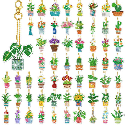 Huquary 60 Pcs Diamond Art Keychains Potted Plants Diamond Painting Keychain Kits for Adults Double Sided 5d Rhinestones Spring Hanging Key Chains Ornaments for Beginners DIY Crafts Party