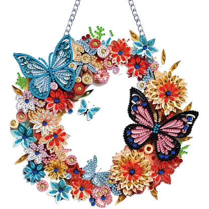 STGLCR Butterfly Diamond Art Hanging Kit for Adult Wreath, DIY Acrylic Flowers Diamonds Painting Double Sided Ornament Pendant Board Kit Floral Diamond Painting Art for Christmas Decro 9.4inch