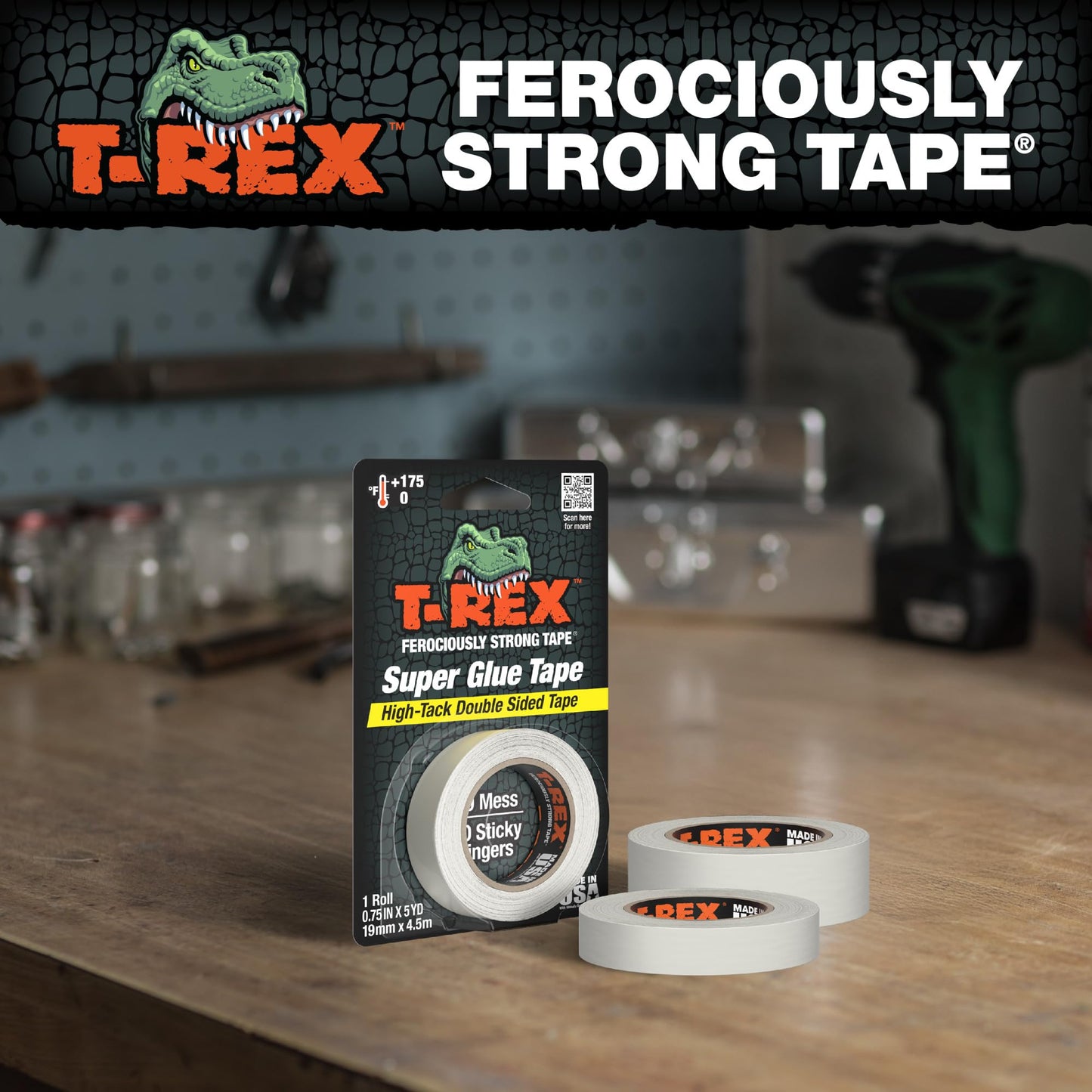 T-Rex Double Sided Super Glue Tape, 0.75" x 15 Yards, Clear, 1 Pack (287704)