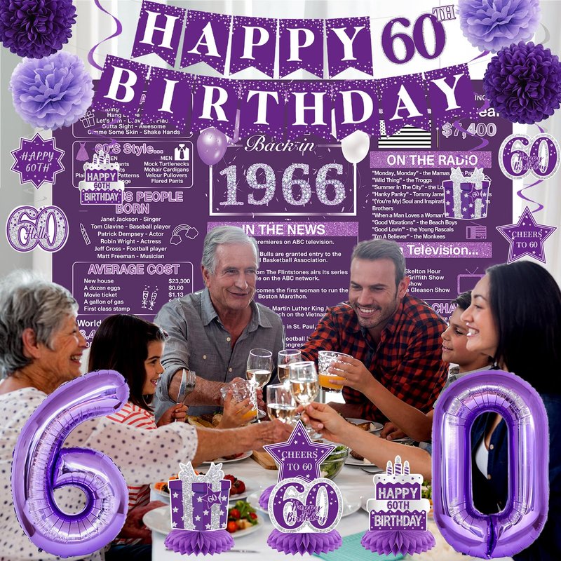 Crenics Purple 60th Birthday Decorations for Women - Back in 1966 Backdrop, Banner, Swirls, Centerpieces, Sash, Paper Pom Poms, Cake Topper and Balloons for 60 Birthday Party Supplies