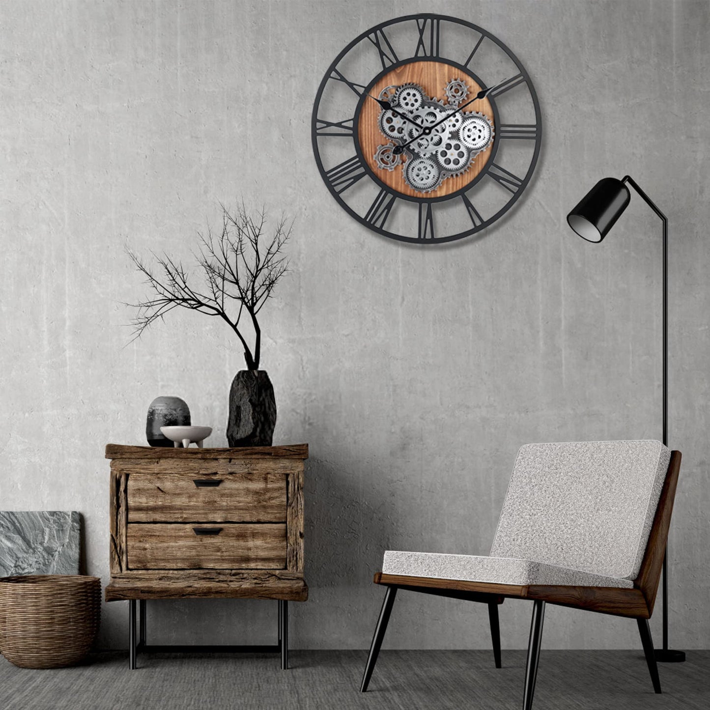 Lafocuse 23 Inch Real Moving Gear Wall Clock, Steampunk Wooden Large Wall Clock for Living Room Decor