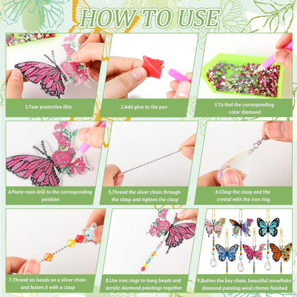 Tradder 6 Pcs Butterfly Diamond Art Wind Chimes Kits, Summer Tree Decor 5d Diamond Art Painting Ornaments with Crystal Pendant Garden Decor, Butterfly Kit, Keychains Crafts for Adults