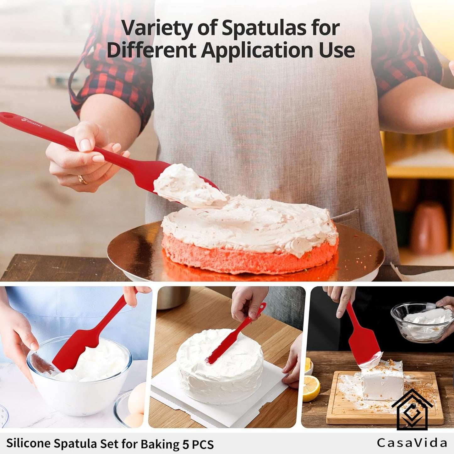 CasaVida 5pcs Silicone Spatula Set, Red High Heat Resistant Non Stick Kitchen Utensils for Baking