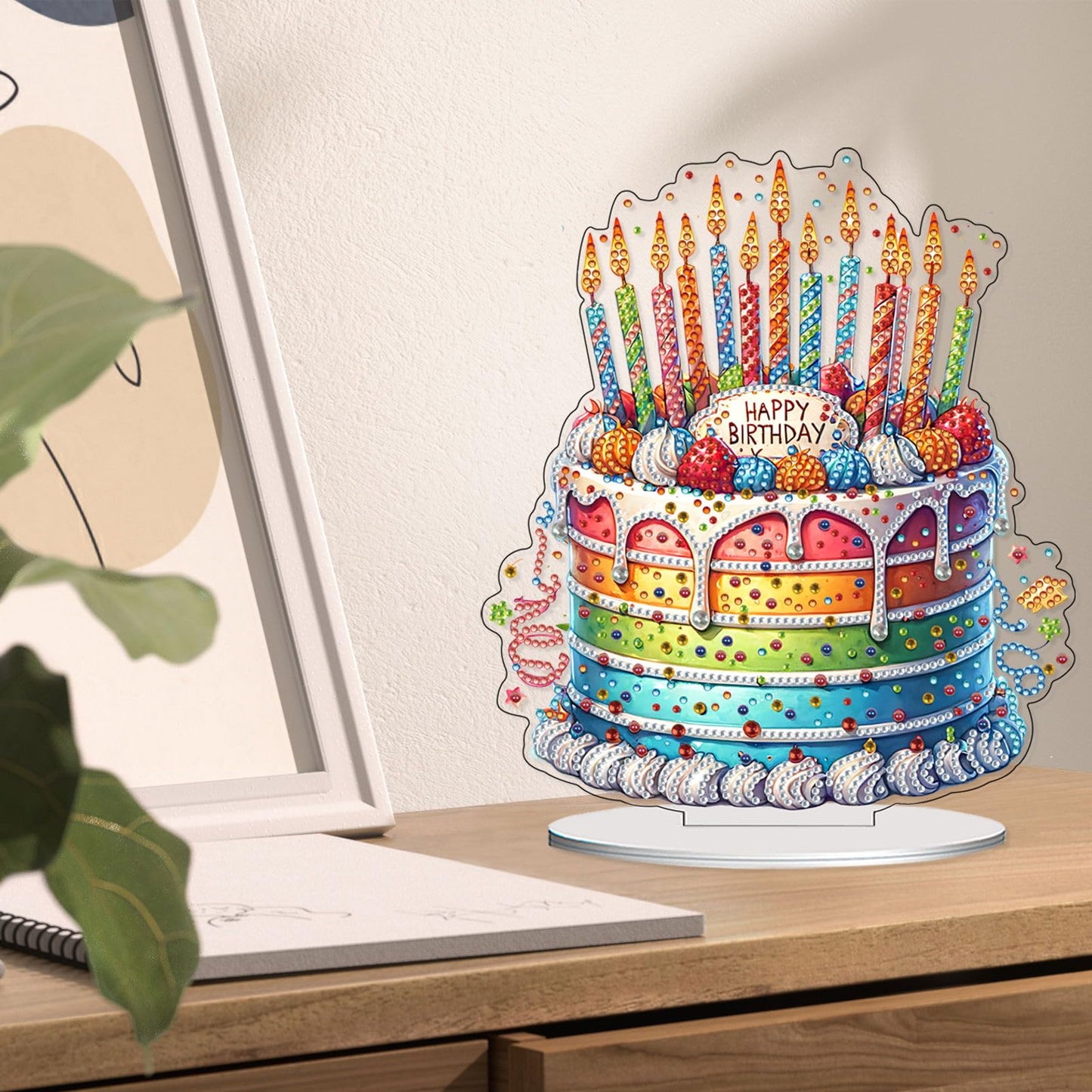 VODAPYC Birthday Party Diamond Art Tabletop, DIY Stand Up Double Sided Special Shaped Partial Diamond Art Desktop Ornaments for Home Decor(Happy Birthday Cake)