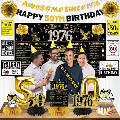 Turypaty 1976 50th Birthday Decorations for Men Women, Black Gold Happy 50 Years Old Birthday Banner Backdrop Wall Sign Balloons Sash Table Cake Topper Honeycomb Centerpieces Paper Fans Party Supplies