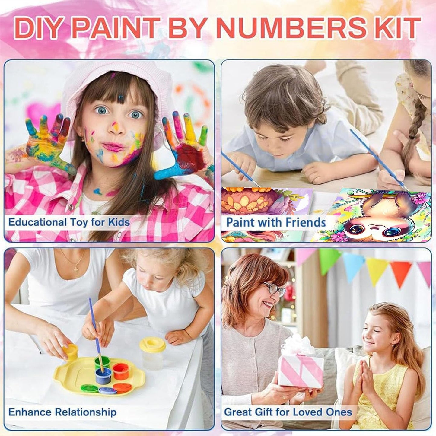 4 Pack Paint by Numbers Kit for Kids with Frame - Wooden Easel, Animal Paint by Numbers for Kids Ages 4 8 12, Easy Owl Cat Sloth Zebra Acrylic Oil Painting Kits for Home Wall Decoration 8x8 inch