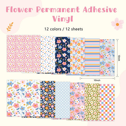 Tintnut Boho Permanent Adhesive Vinyl-12 Sheets 12"x10" Candy and Flowers Pattern Self Adhesive Vinyl Candy Boho Permanent Vinyl for DIY