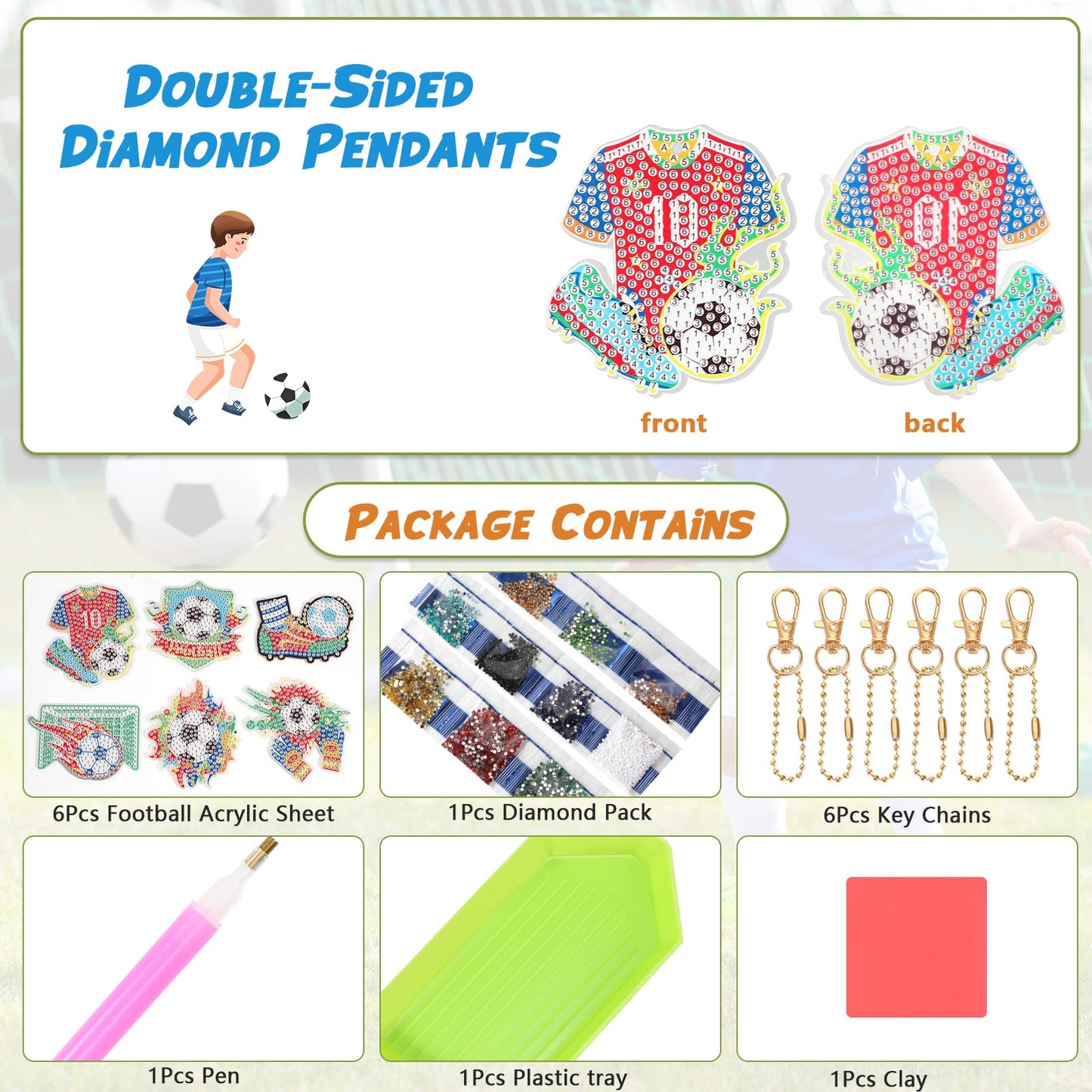JSRQT 5D DIY Football Diamond Art Painting Keyrings Kit, Double-Sided Diamond Pasted Painting Keychians for Adult Kids, Rhinestone Mosaic Craft Painting Pendant for Handbag Backpack Party Decoration