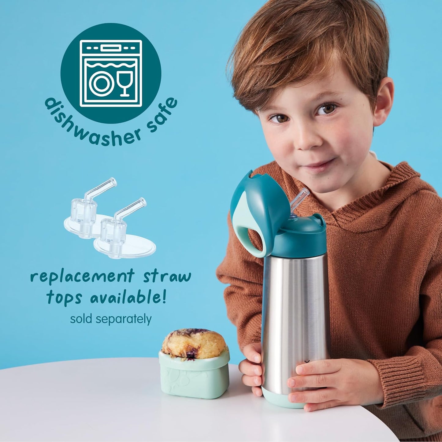 17 oz 15 b.box Insulated Water Bottle - Kids Water Bottle Stainless Steel w/Free Flow Silicone Straw, Keeps Drinks Cold