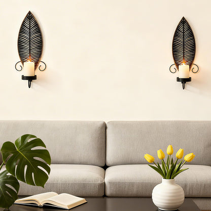 Leaf Wall Candle Sconces Vintage Metal Candle Holder, Set of 2 Wall Candlestick Mounted for Hallway Fireplace Bedroom Living Room (Black)