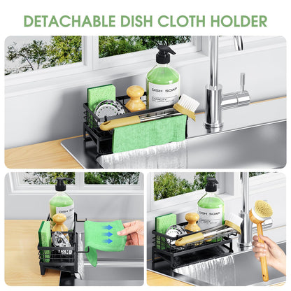 DYFVREN Self-Draining Kitchen Sink Caddy, Rustproof Non-Slip Metal Sponge Holder with Detachable Dish Cloth Holder (Black)
