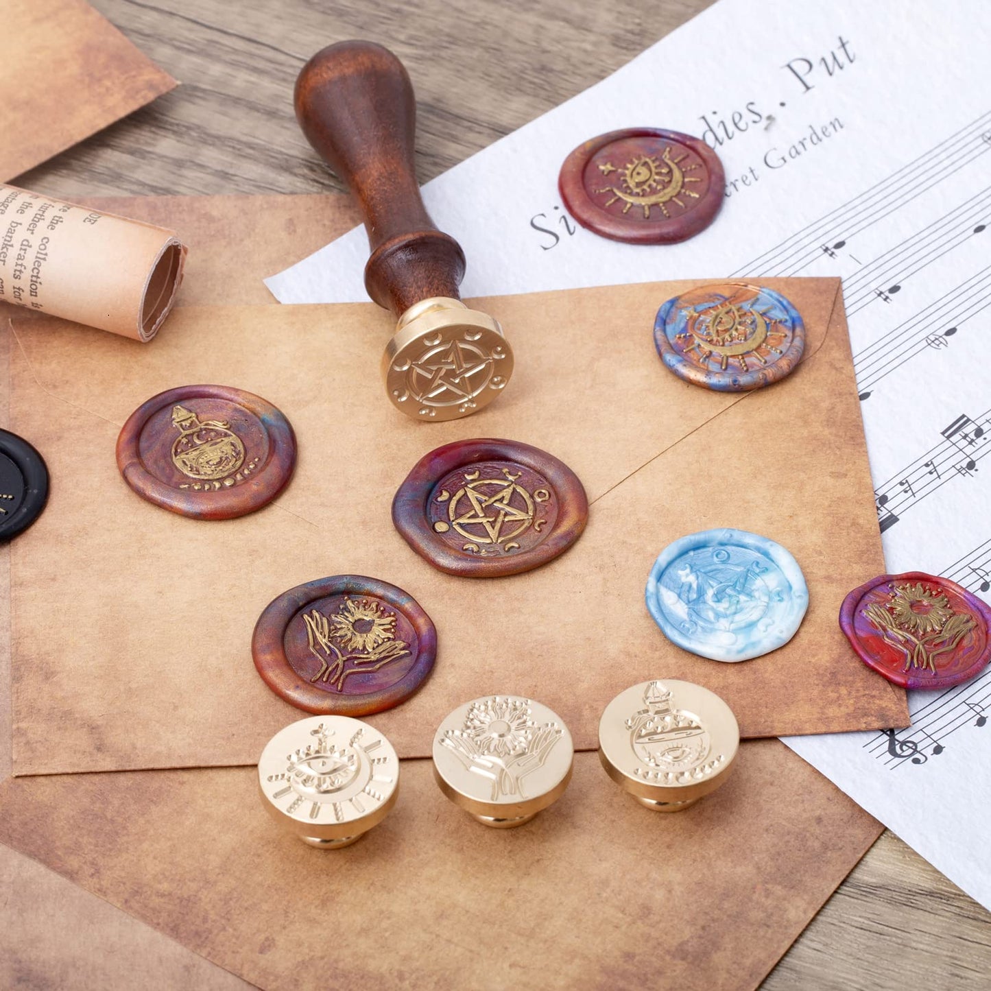 Wiccan Wax Seal Stamp Set, Pagan Pentagram Moon Phases Sealing Stamp Head, Vintage Evil Eye Triple Moon Pentacle and Sun Bottle Pattern Kit with Gift Box for Letter Envelope Witchcraft Invitation Card