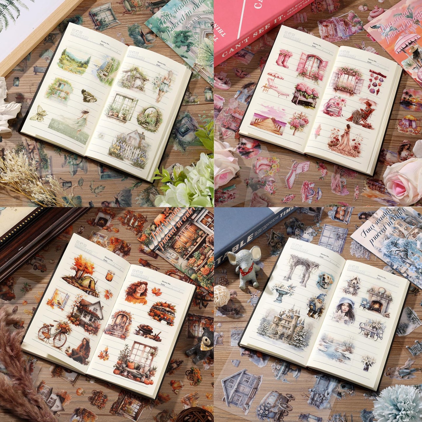 Auguro 4 Books for Seasons Stickers for Scrapbooking 480 Pre-Cut Pet Transparent Stickers for journaling Spring Summer Fall and Winter Sticker