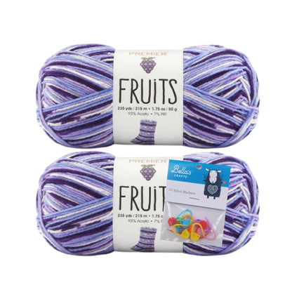 Premier Yarns Fruits, Acrylic Sock Yarn, 2-Pack Bundled with Bella's Crafts Stitch Markers (Grape)