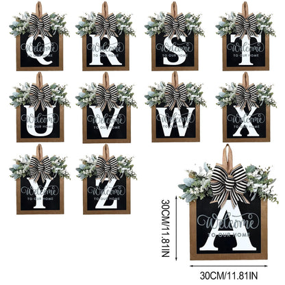 Last Name All Year Round Front Door Wreath with 26 Initial Letter Welcome Sign All Seasons Eucalyptus Garland and Bow ，Farmhouse, Porch, for Spring Summer Fall All Seasons Holiday Halloween Christmas.（P）