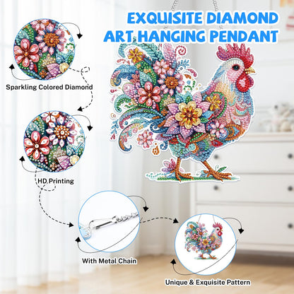 Bowetile Chicken Hanging Diamond Art Painting Kits for Adults, 5D Special Shape Diamond Art Chicken Kits, Crystal Diamond Gem Art Suncatchers Painting Pendant for Home Wall Decor