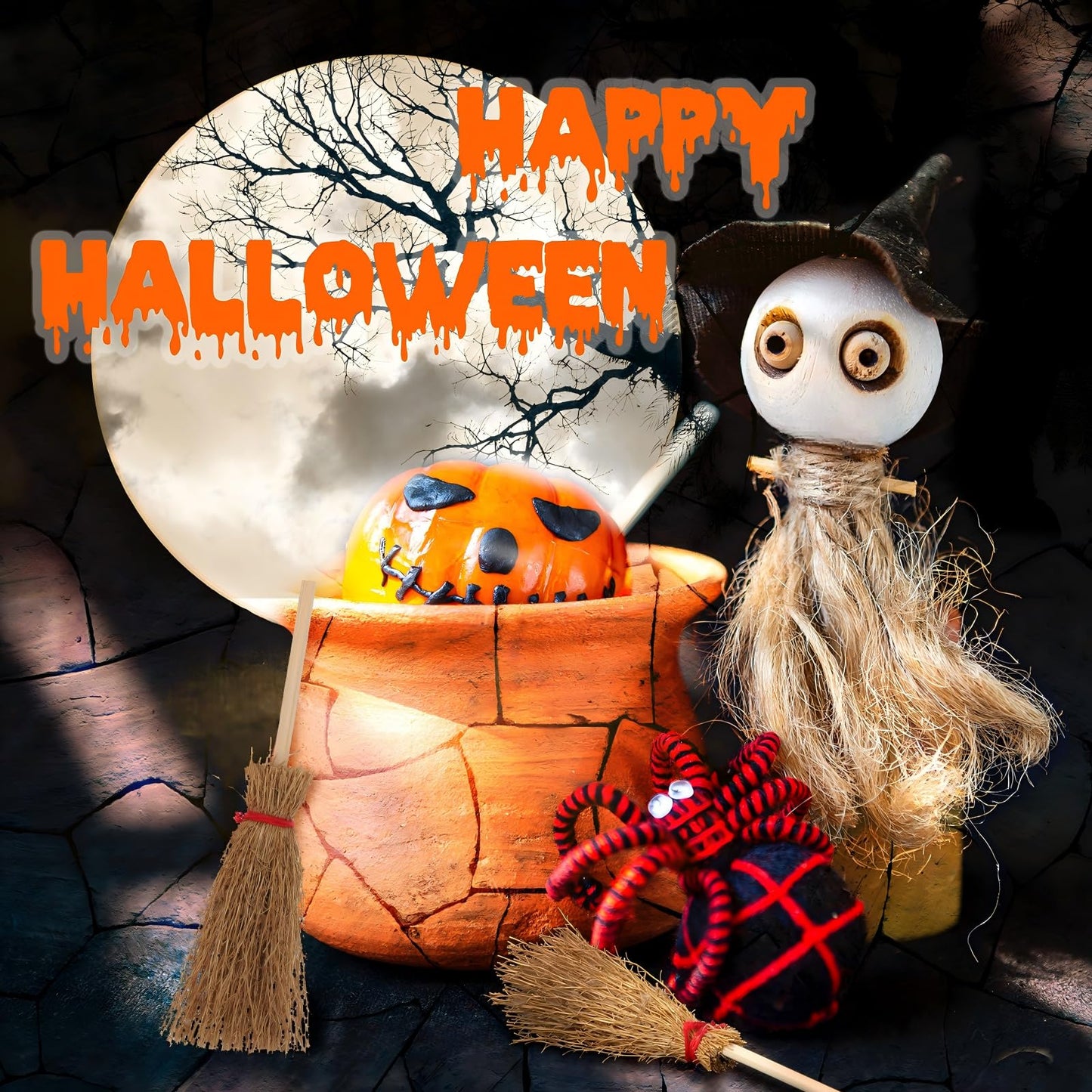 Cindeer 50 Pcs Miniature Halloween Mini Straw Brooms Artificial Halloween Straw Craft Decoration Small Dollhouse Witch Broomstick with Red Ropes Wizard Witches Accessory for Costume Cosplay Party