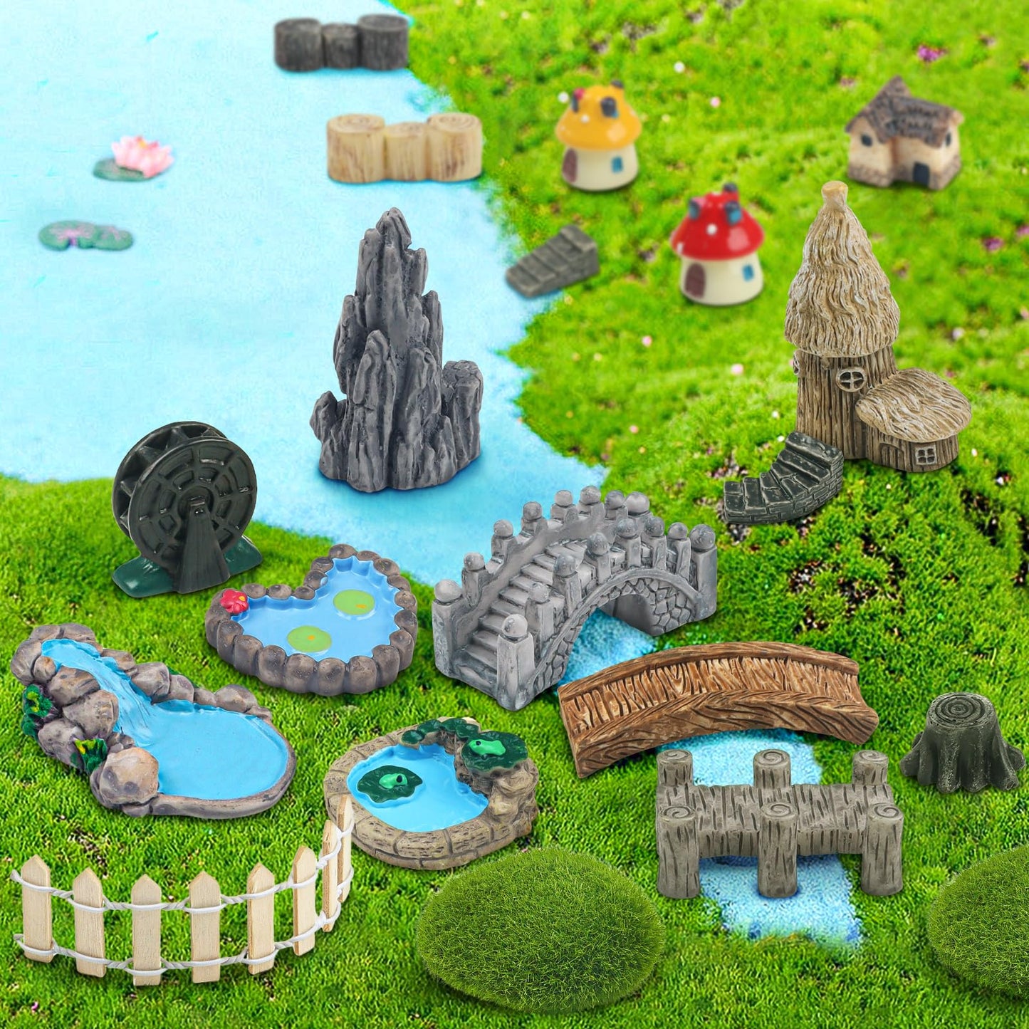 QUOZUO 21 Pcs Fairy Garden Miniatures Accessories Bridge House Landscape Water Well Fence Figurines Pond Mushroom Lawn Garden Ornament for DIY Craft Succulent Decor