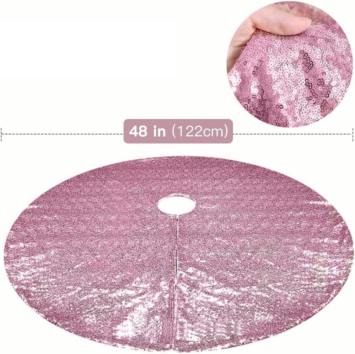 Pink Christmas Tree Skirt, 48 inch Large Sequin Xmas Tree Mat, Double Layers Glitter Decorations for 7.5 Ft Tree