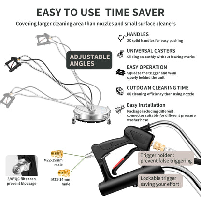 LidoDola 30'' Pressure Washer Surface Cleaner with 4 Wheels - Stainless Steel Surface Cleaner for Pressure Washer Attachment for Concrete, Driveway, Patio, Sidewalk, Deck and Driveways