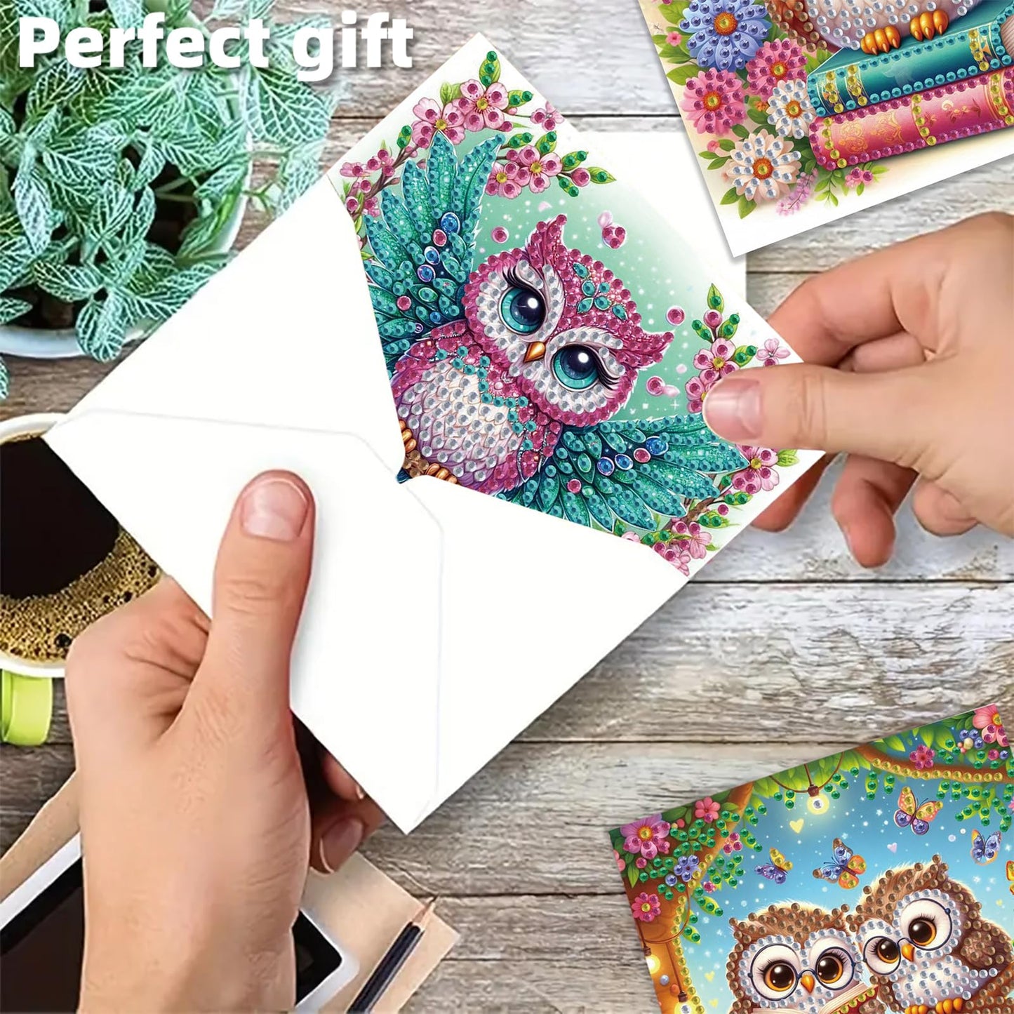 POETRYDRAW 6 Pack 5D DIY Diamond Art Painting Owl Greeting Card Kit, Diamond Birthday Holiday Greeting Card, Art Crafts Kit Creative with Envelope