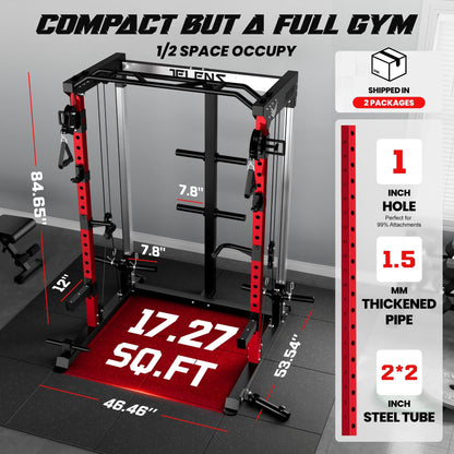 JELENS C21 Power Cage, 2000LBS Multi-Function Power Rack with Independent Dual Pulley System, All-in-One Squat Rack for Cable Crossover, Home Gym Workout Machine (Red, 190LBS Color)