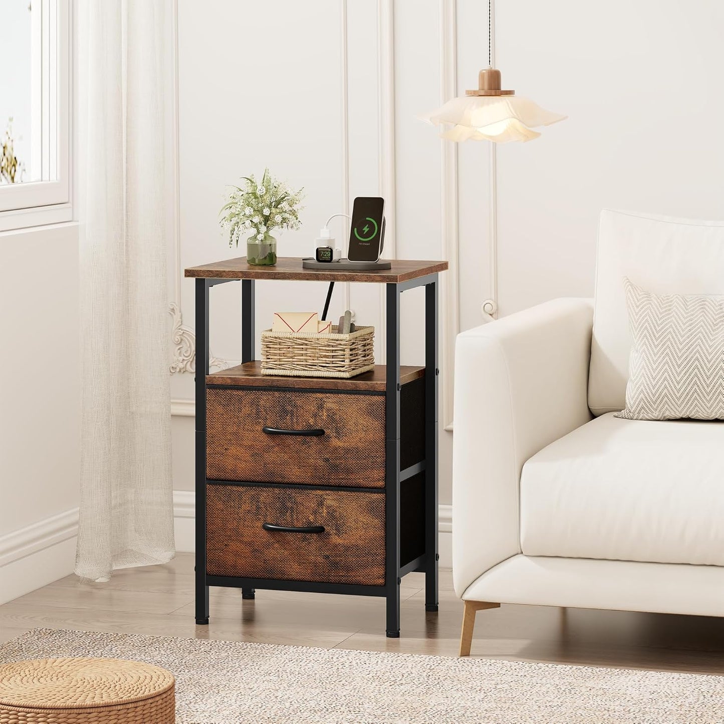24.2" Vagusicc Nightstand with Charging Station, Small Night Stand with Fabric Drawers for Bedroom, End Table, Bedside