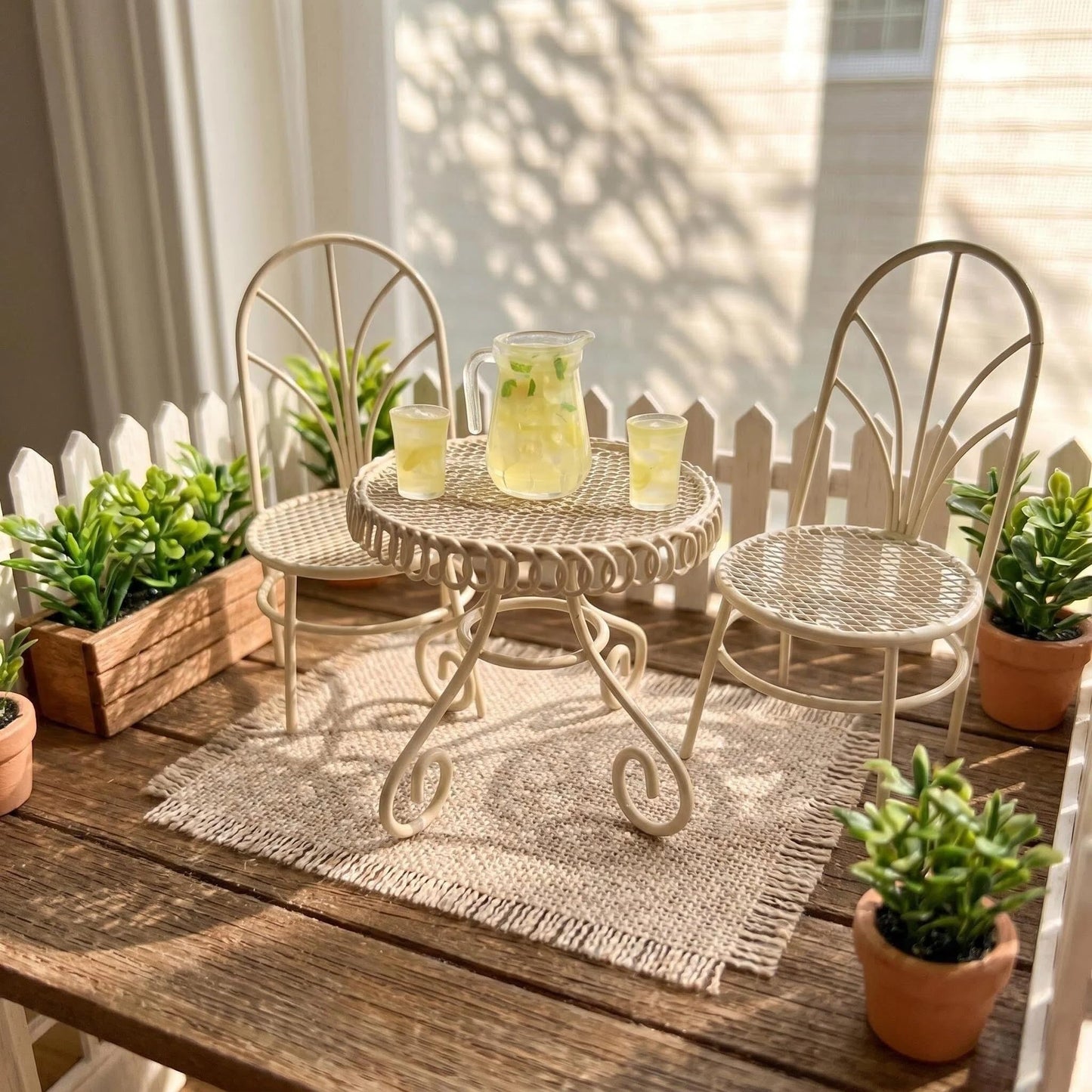 6 PCS Dollhouse Miniature Bistro Table & Chairs Set with Lemonade Pitcher and Cups 1 12 Scale Fairy Garden Kitchen Decoration Accessories