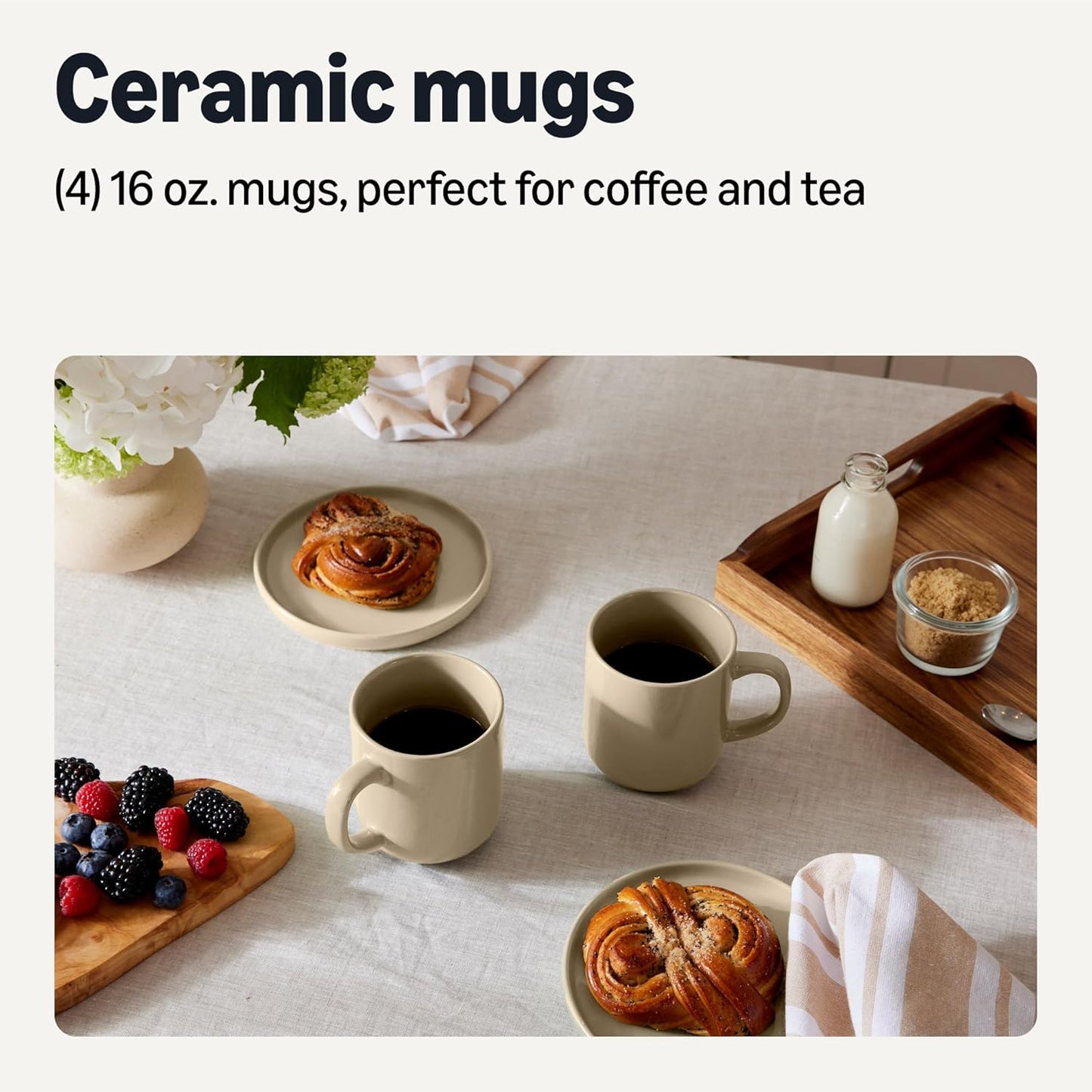 4-Piece Set, 16 oz, Amazon Basics Ceramic Coffee Mugs, Ceramic Microwave and Dishwasher-Safe, Linen Gray