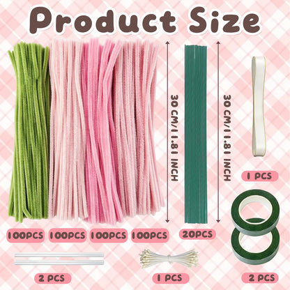 houlishu 400 Pcs Pipe Cleaners Craft Kit - 300 Pink 100 Green Chenille Stems with Floral Wires Stamens Ribbon Adhesive Tapes for DIY Flower Making