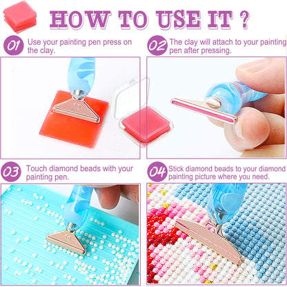Heyseri 14PCS Diamond Painting Pen Accessories Tools Set Ergonomic Diamond Art Pen Exquisite Stainless Steel Metal Pen Tips and 6 Painting Glue Clay,Comfort Grip and Faster Drilling for DIY Craft