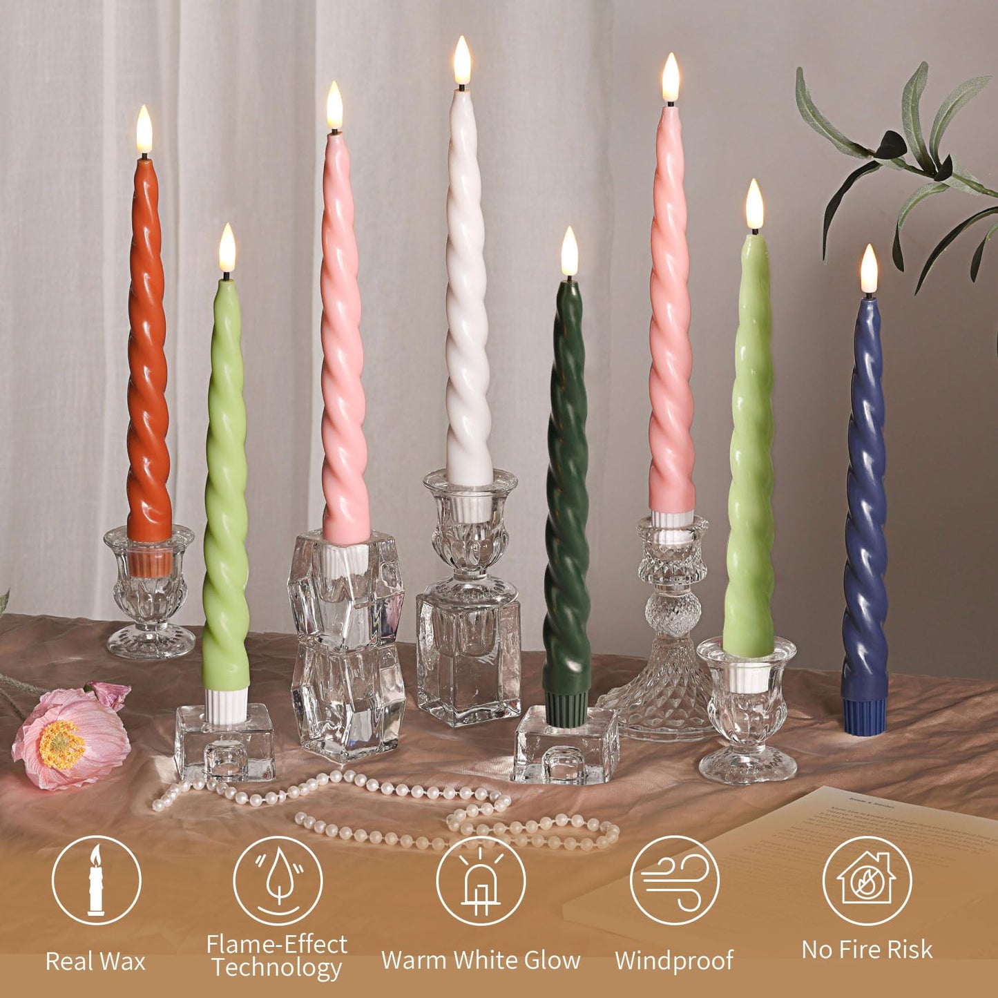 Girimax Pink Flameless Taper Candles with Remote, Spiral Candles Battery Operated, Flickering LED Wax Candlesticks Set of 6