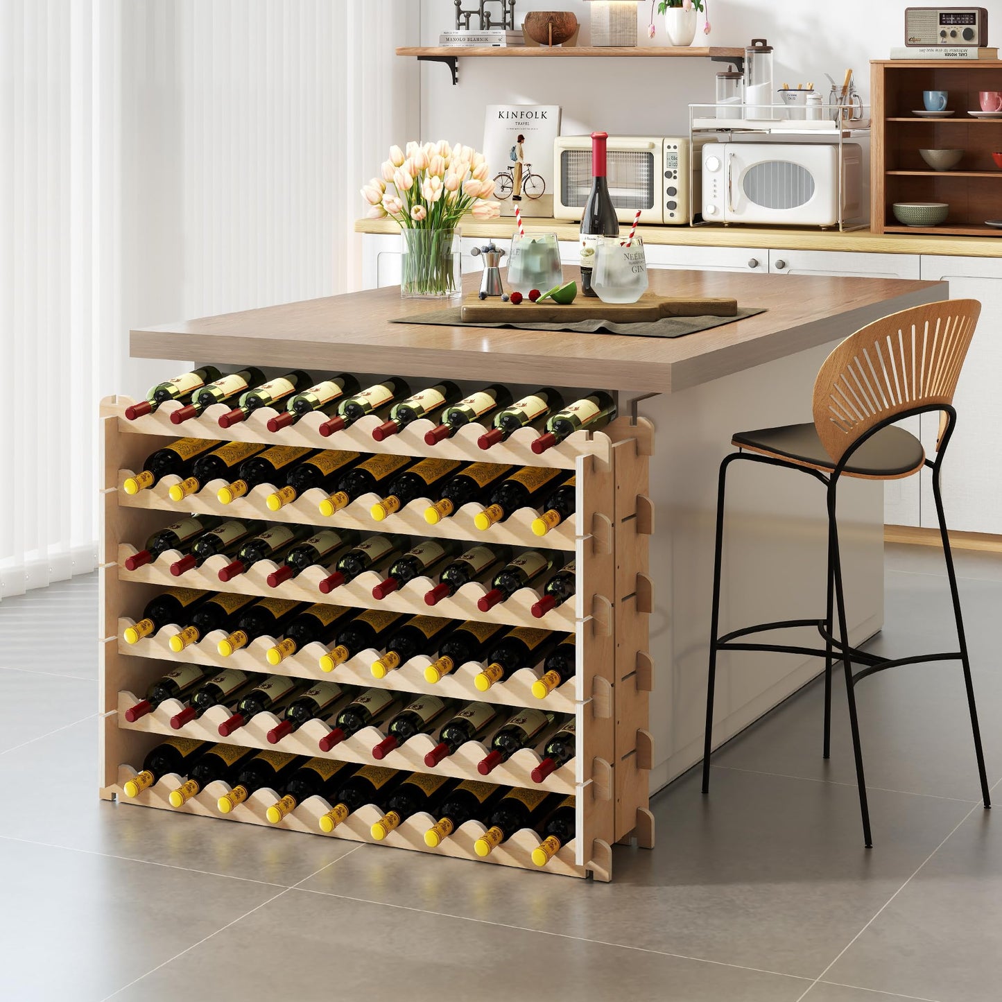 Stackable Wine Rack - 6-Tier Wobble-Free Modular Wine Holder, Freestanding Wooden Wine Storage Shelf for 750ML Bordeaux/Riesling/Burgundy Bottles, Fit Kitchen Cellar Gift for Wine Lovers(54 Bottle)