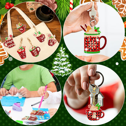 BBTO 15 Pcs Christmas Diamond Painting Keychains 5d DIY Hot Cocoa Diamond Art Ornaments Hot Cocoa Buffalo Plaid DIY Crafts for Adult Xmas Hanging Tree Decoration Party Decor Home