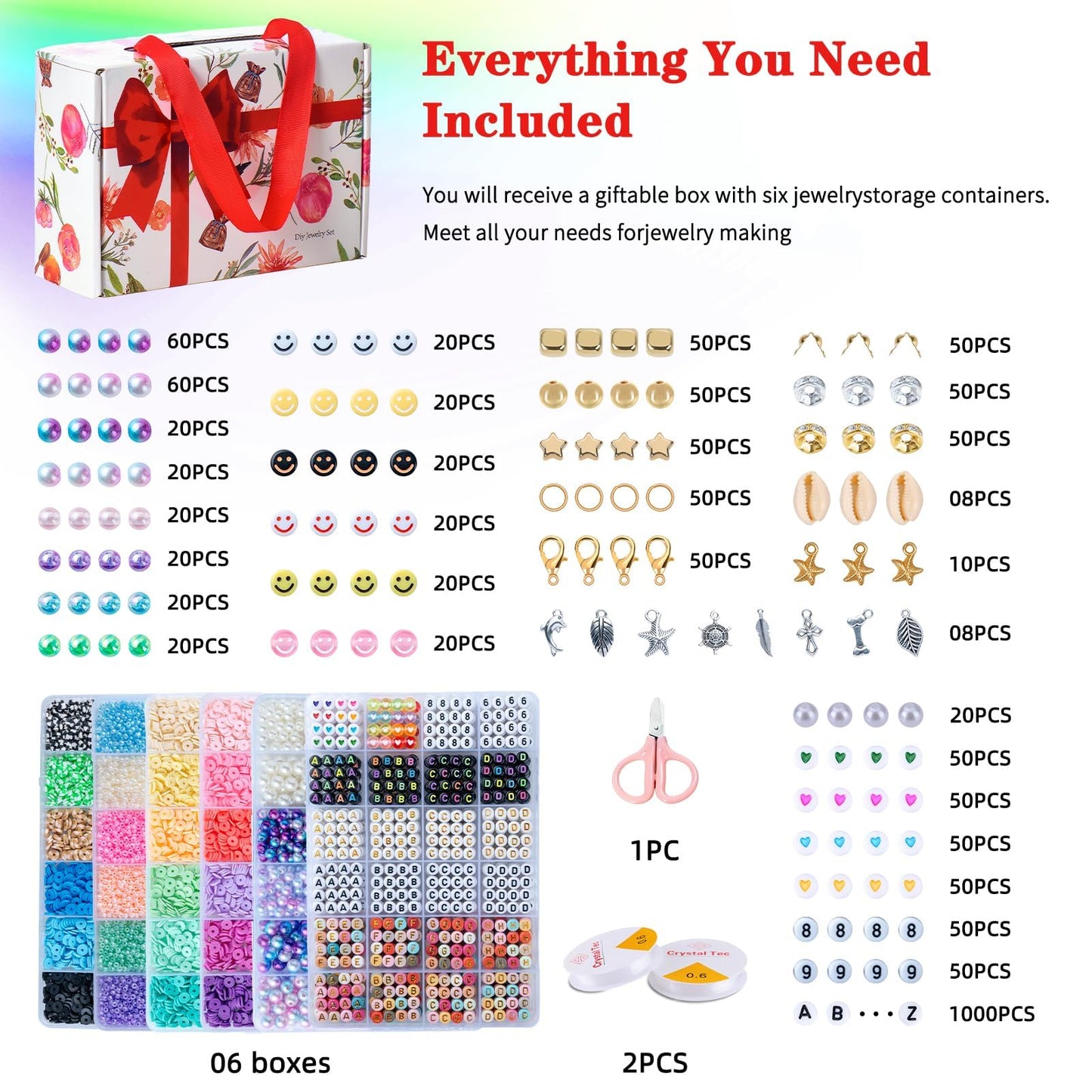 SJZWSD 6-Box Friendship Bracelet Making Kit - 16,000pcs Clay, Seed & Glass Beads Collection, Letter Beads, Charms