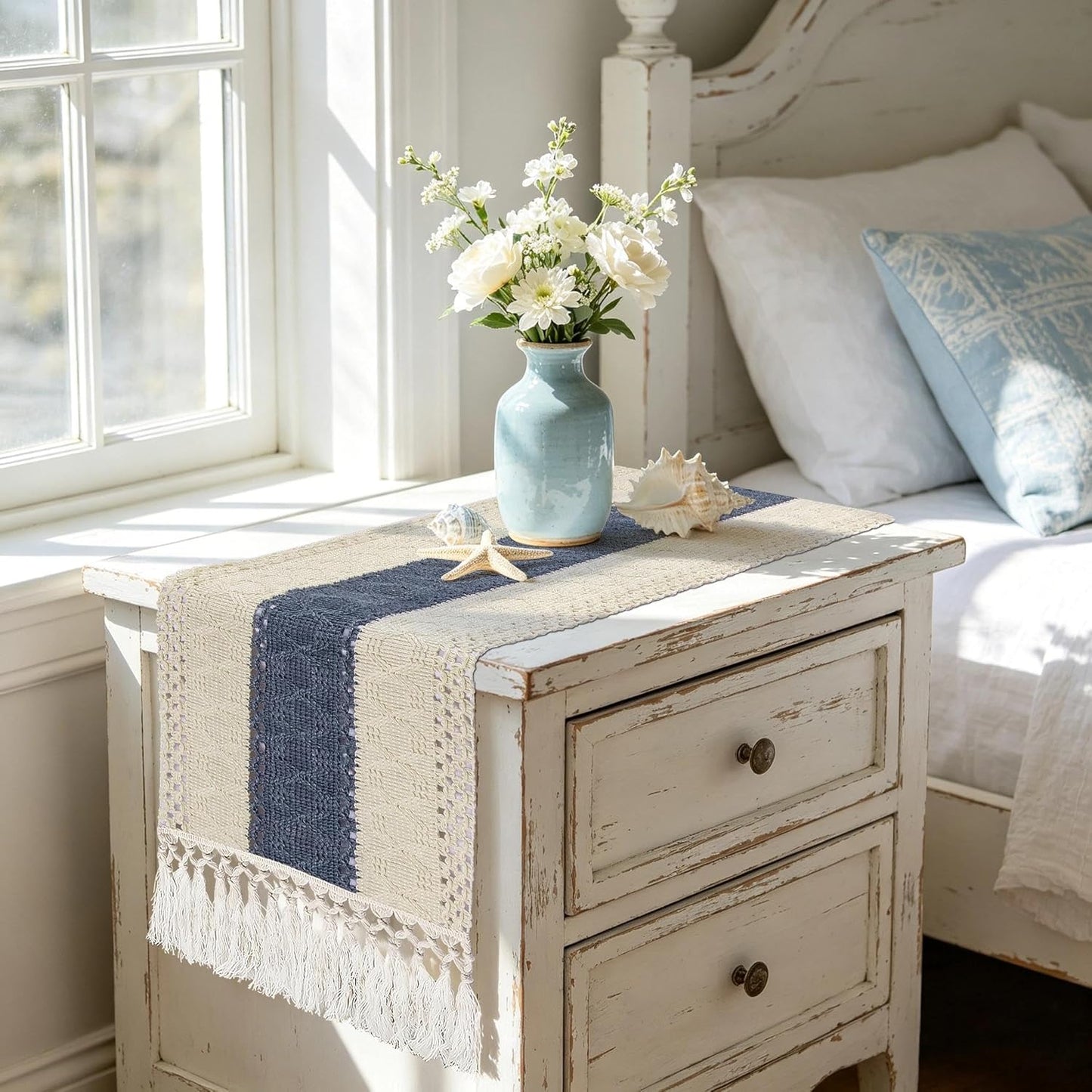 36 Inches, yuboo Blue and White Table Runner Small Coastal Nautical Dresser Scarf, Farmhouse Coffee Table Runner