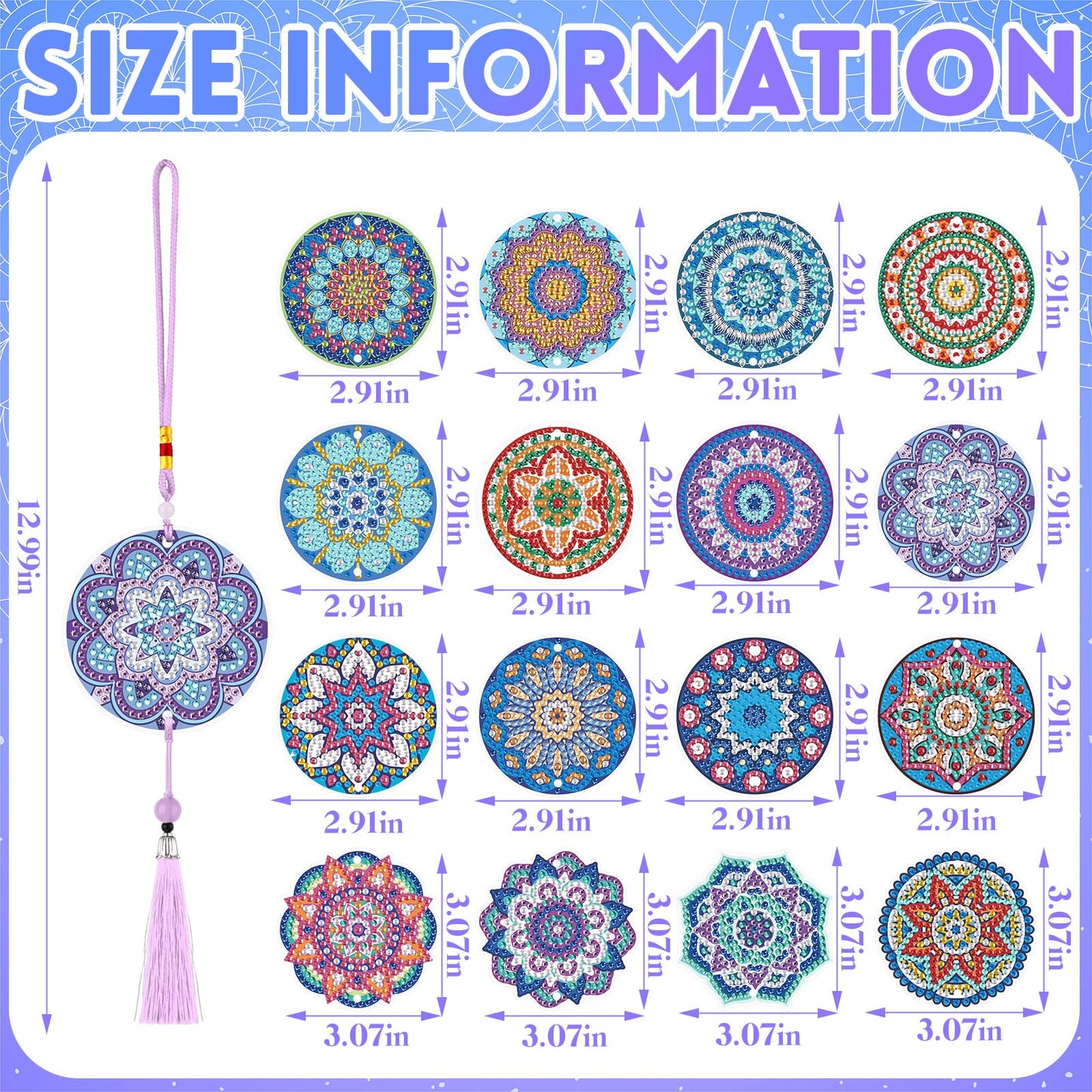 Saillong 16 Pcs Diamond Art Car Ornaments Mandala Diamond Painting Kit Ornament for Car Hanging Suncatchers Charm for Rear View Mirror Double Sided Painting Crystal Gem Garden Decoration Paint DIY Kit