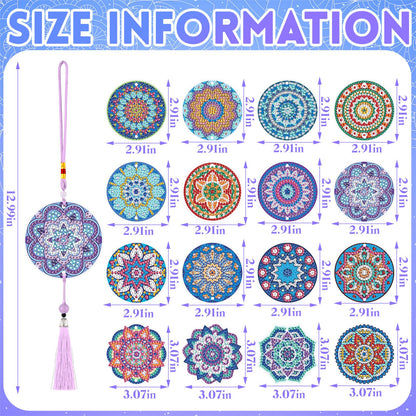 Saillong 16 Pcs Diamond Art Car Ornaments Mandala Diamond Painting Kit Ornament for Car Hanging Suncatchers Charm for Rear View Mirror Double Sided Painting Crystal Gem Garden Decoration Paint DIY Kit