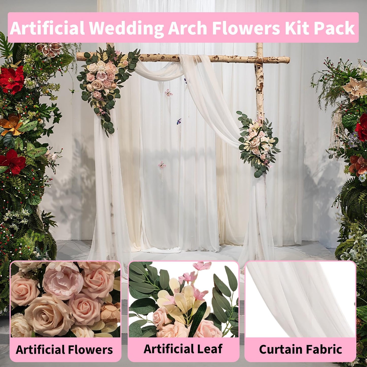 Garvee Arch Flowers with Drapes Kit (Pack of 3) - Includes 2Pcs Artificial Flower Arch Decor & 1Pcs Drapes, for Wedding Ceremony Bouquets Reception Backdrop Decoration, White